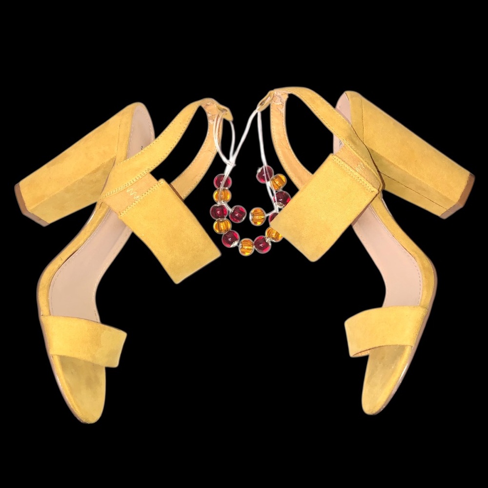 Mustard Yellow Faux Suede Heels Custom Beaded Ankle Strap Block Heel Size 10